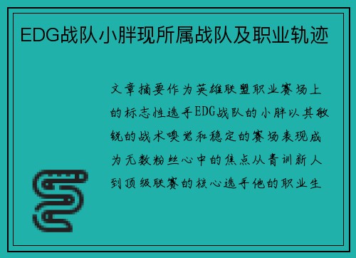 EDG战队小胖现所属战队及职业轨迹