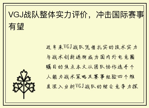 VGJ战队整体实力评价，冲击国际赛事有望
